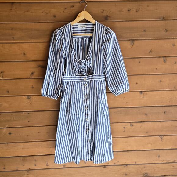 Madewell Cutout Dress Shimmer Stripe Midi Blue Boho Button Front Tie 6 Cottage - Picture 2 of 6